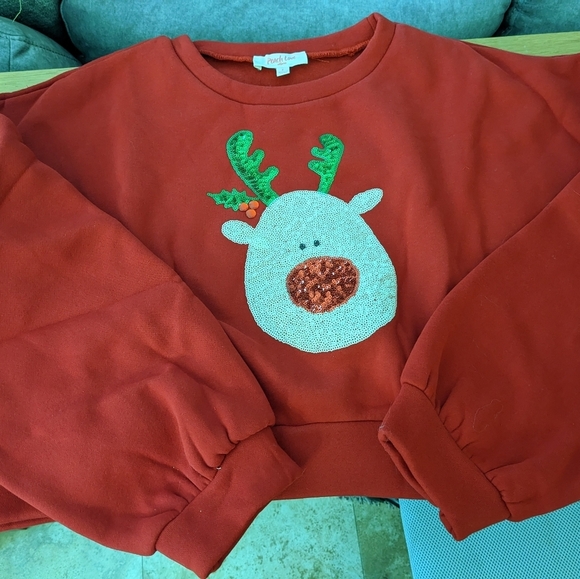 New Red Nose Reindeer Sequin Crewneck Sweatshirt Red Women Crop Christmas - Picture 6 of 7